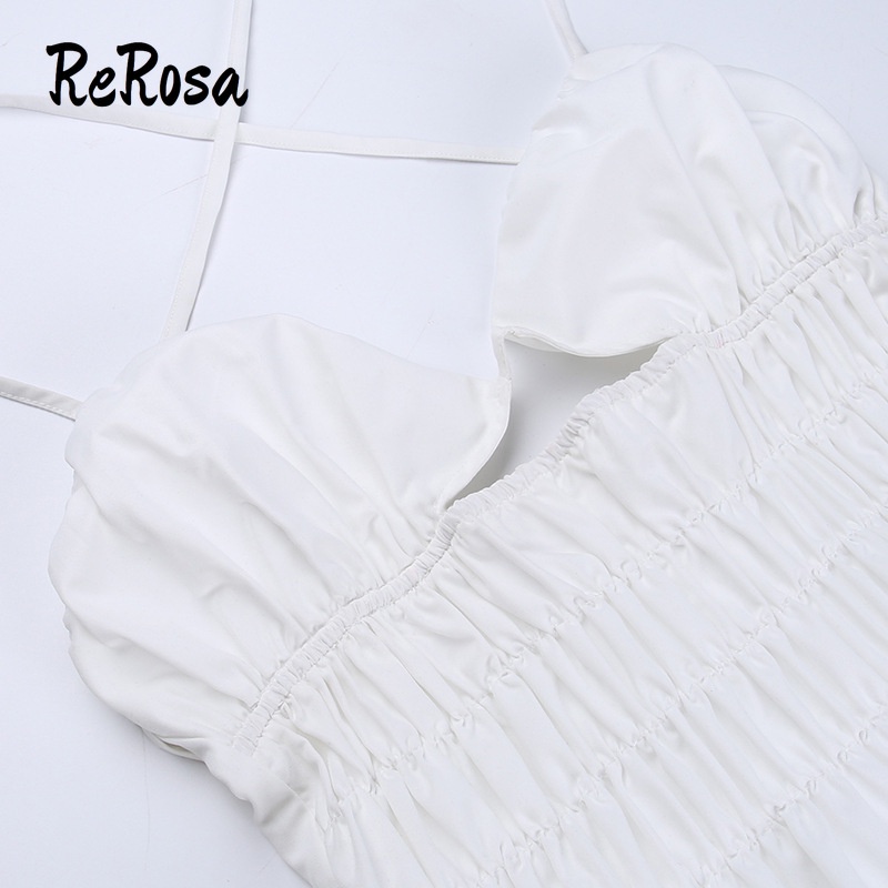 Rerosa Đầm Mini Hai Dây Cổ Khoét Sâu Xếp Ly Màu Trơn Mẫu Mới 2023 Phong Cách Retro Cho Nữ