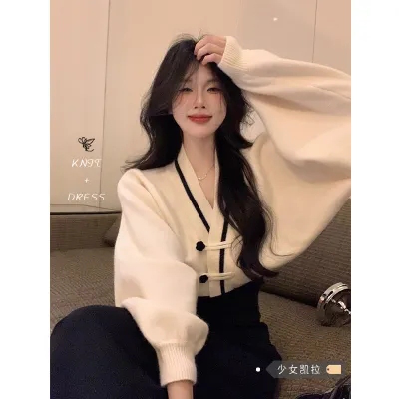 Áo Khoác Cardigan Dệt Kim Tay Cánh Dơi Dài Cổ Chữ V Cài Nút Phong Cách Trung Hoa Thiết Kế Mới Mùa Xuân Thu