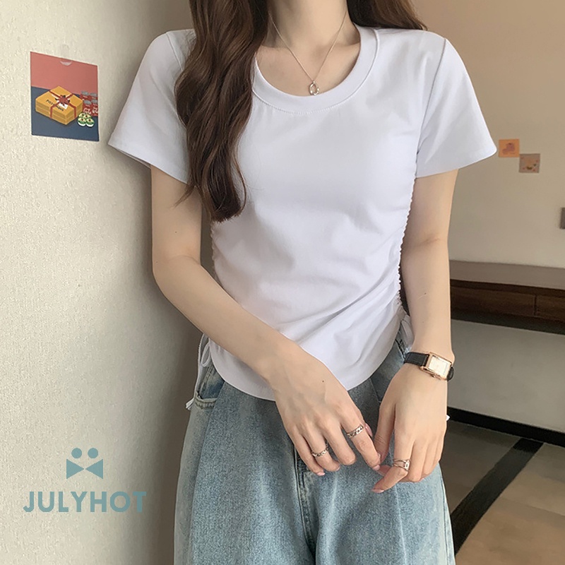 Áo Thun Tay Ngắn Cổ Tròn Màu Trơn Phối Dây Rút Thời Trang Cho Nữ