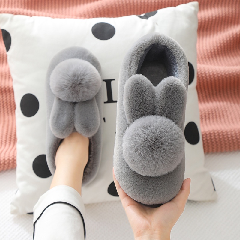 Bag heel cotton slippers nữ winter three-dimensional rabbit fur male couple anti-slip thick-so