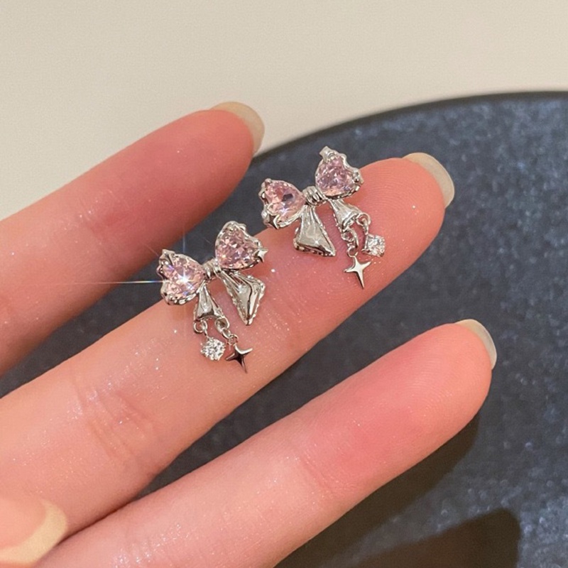 High-end pink bow stud earrings hoa tai tinh tế yr