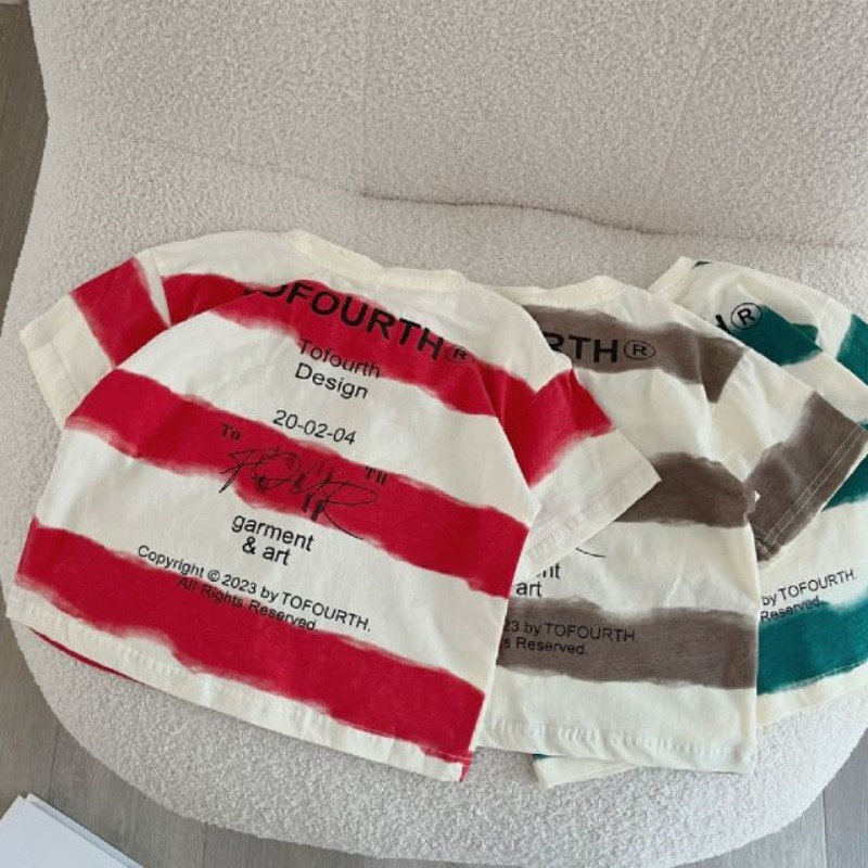 Áo Thun Tay Ngắn Họa Tiết Kẻ Sọc In Chữ Phong Cách Hàn Quốc Thời Trang Mùa Hè Mới Cho Bé Trai Và Gái