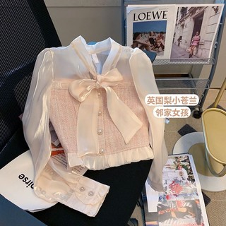 Xiaoxiang style stitching stand-up collar shirt women 2023 spring new short lace-up high-end inner top