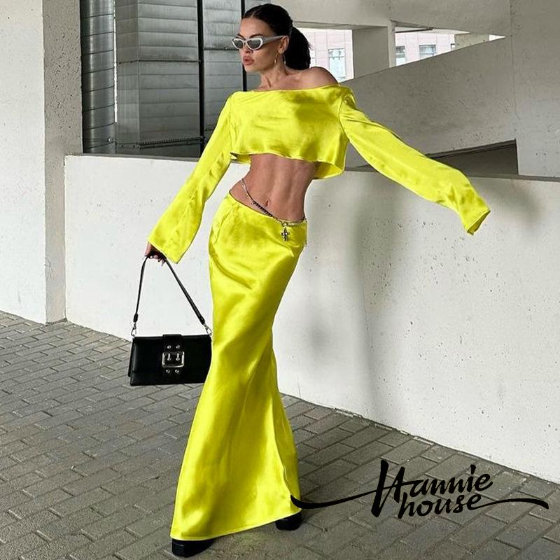 Set Áo Croptop Trễ Vai Dài Tay + Chân Váy Dài Thời Trang Nữ