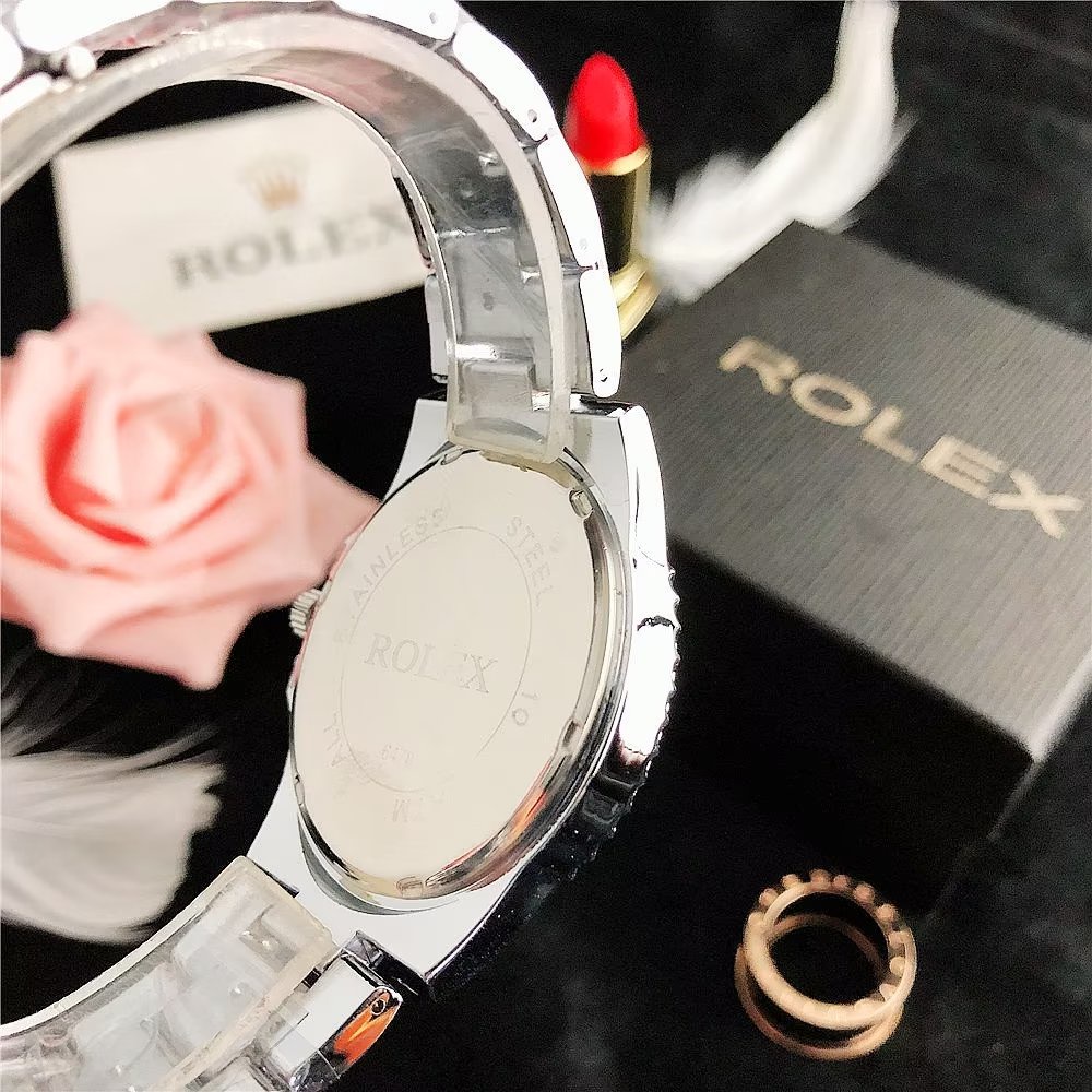 Đồng Hồ Rolex Mặt Tròn Đính Kim Cương Dây Da Thép Không Gỉ Thời Trang Cho Cặp Đôi