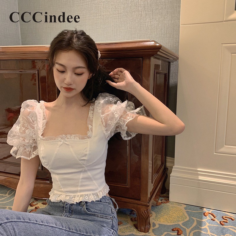 Áo Thun Tay Phồng Cổ Vuông Màu Trơn Thời Trang Mới 2023 Dành Cho Bạn Nữ