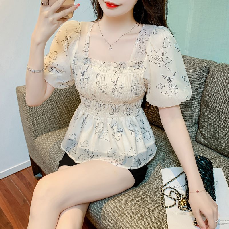 Áo sơ mi nữ hoa cổ vuông kiểu pháp mùa hè với tay áo bong bóng tay ngắn và thời trang eo thon