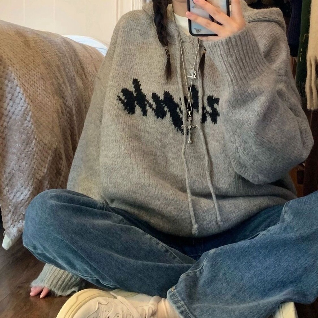 Áo Hoodie Dệt Kim Dáng Rộng Thời Trang Vintage Cho Nữ