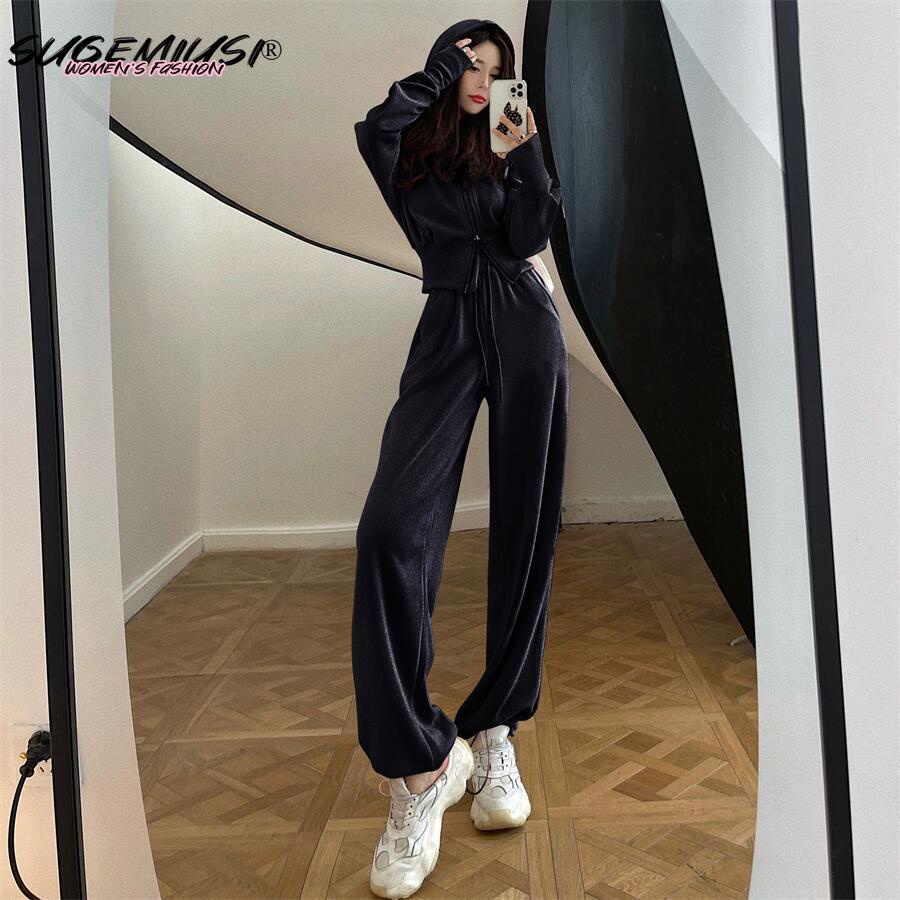 Bộ Đồ Thể Thao Hai Mảnh Gồm Áo Hoodie Cotton Dáng Suông Ngắn Kèm Quần Ống Rộng Thời Trang Cho Nữ