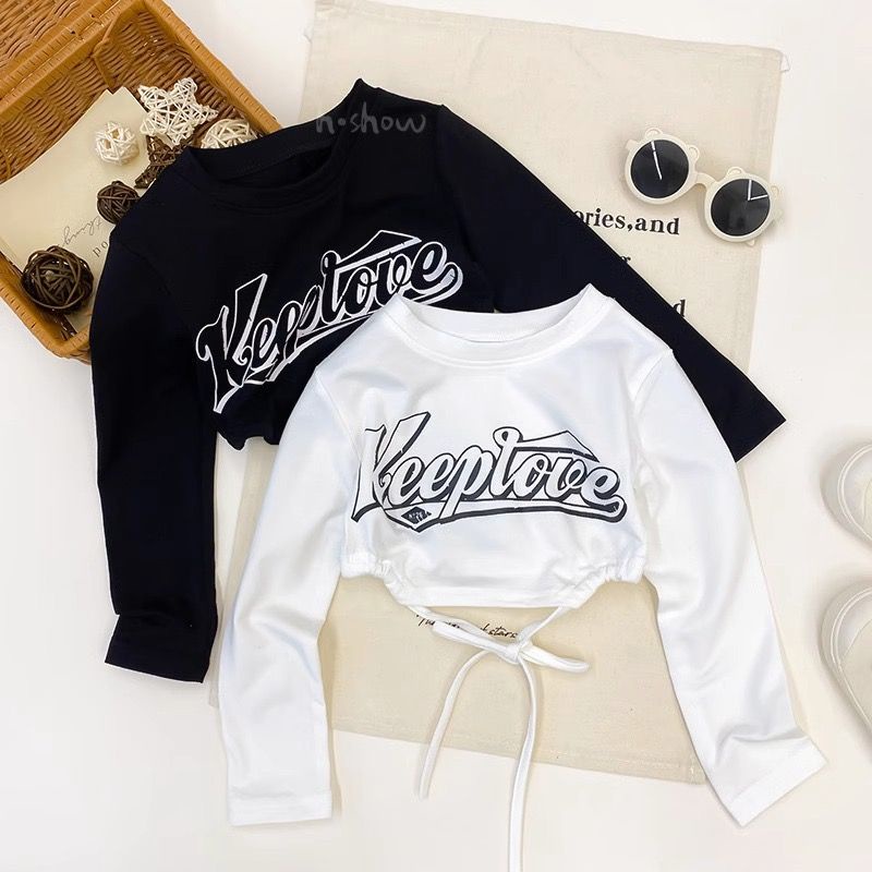 Áo Thun Tay Ngắn Mùa Hè 23 Bằng Vải Cotton Trơn Buộc Dây Eo Thời Trang Đường Phố Cho Bé Gái