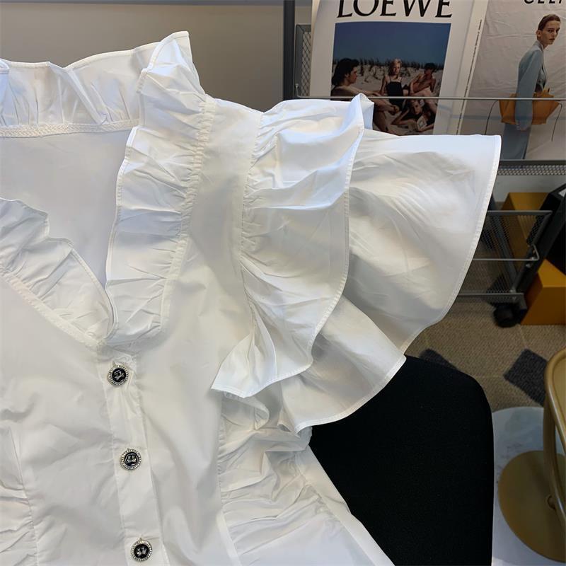 Pháp xù bay tay áo sơ mi phụ nữ không tay phong cách ngắn phong cách phương tây thẻ eo áo sơ mi nhỏ mỏng-vừa vặn mỏng hơn trông trắng hàng đầu mùa hè