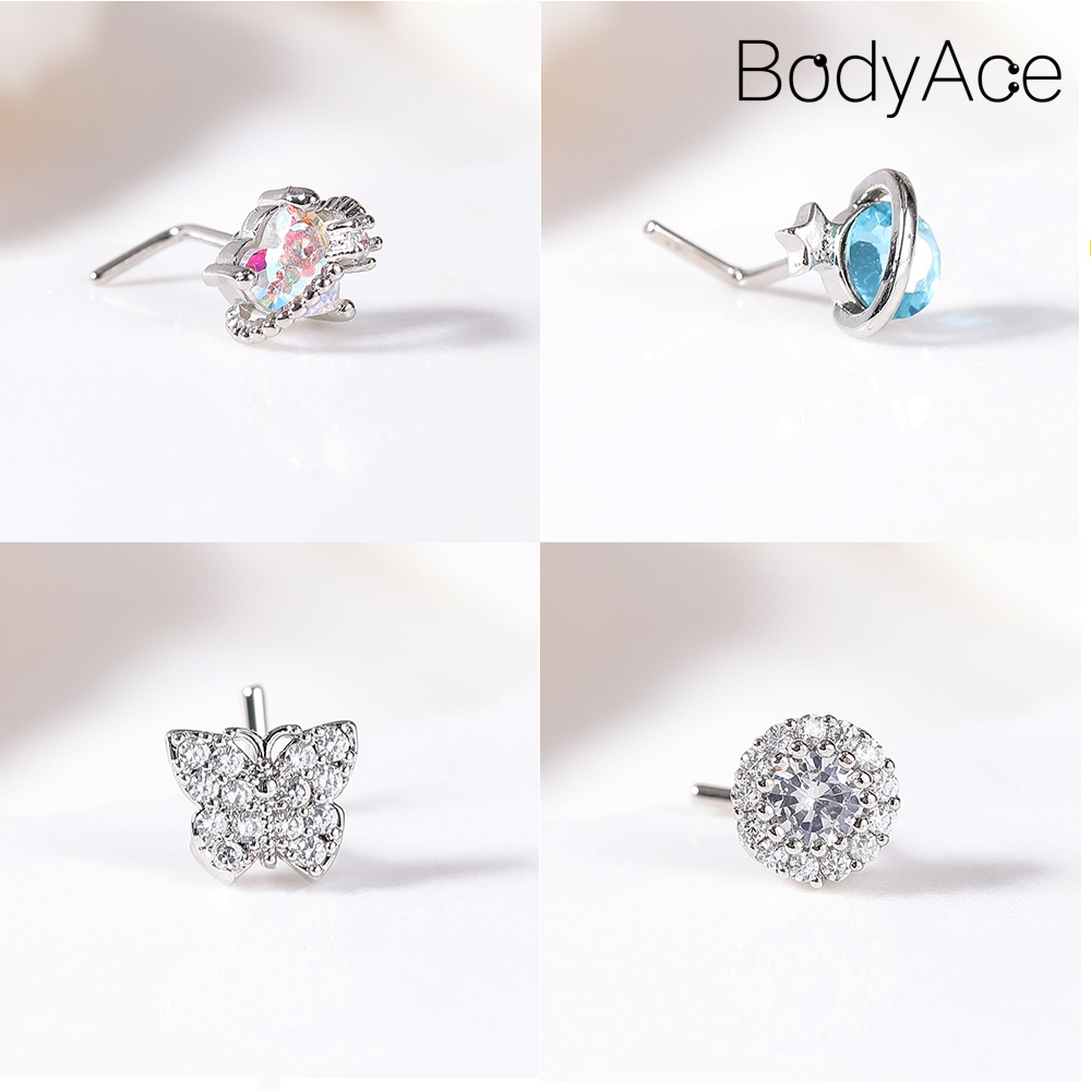 Bodyace 1pc 20g đinh tán mũi bằng thép không gỉ hình dạng l khuyên lỗ mũi pha lê khuyên mũi hình bướm hình dạng hoa đinh tán mũi