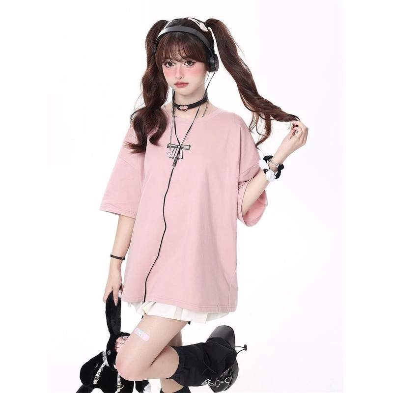 Nữ nơ tie in ngắn tay t-shirt lỏng trung bình chiều dài t-shirt top