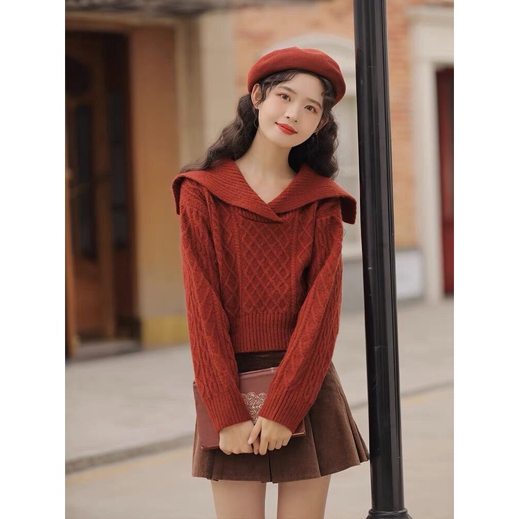 Large lapel retro sweater high waist short sweater women's winter soft waxy pullover long sleeve pullover knitted top MC women's PQQ8