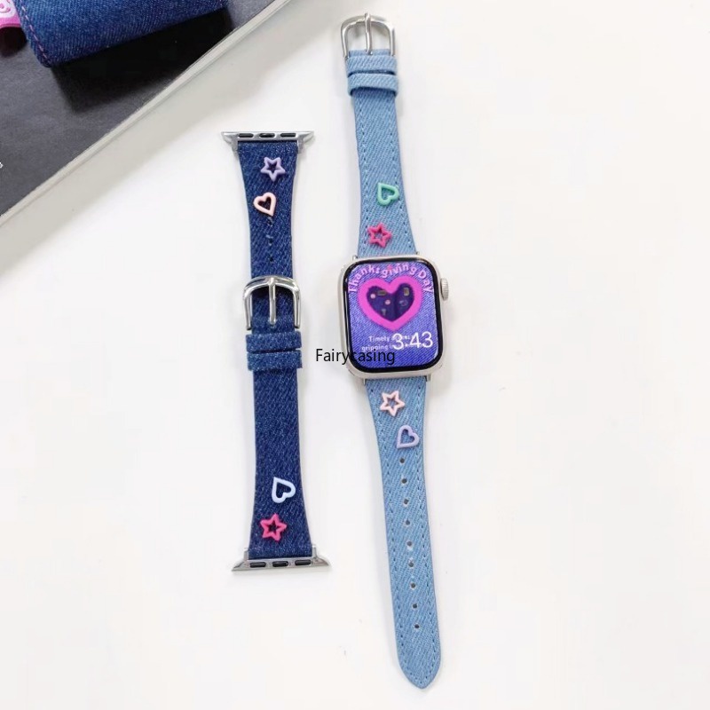 Dây đeo bằng da phong cách giải trí cho iwatch series ultra 8 6 6 6 se y2k denim girl bracelet cho apple watch dây đeo 41mm 40mm 45mm 38mm 49mm phụ kiện