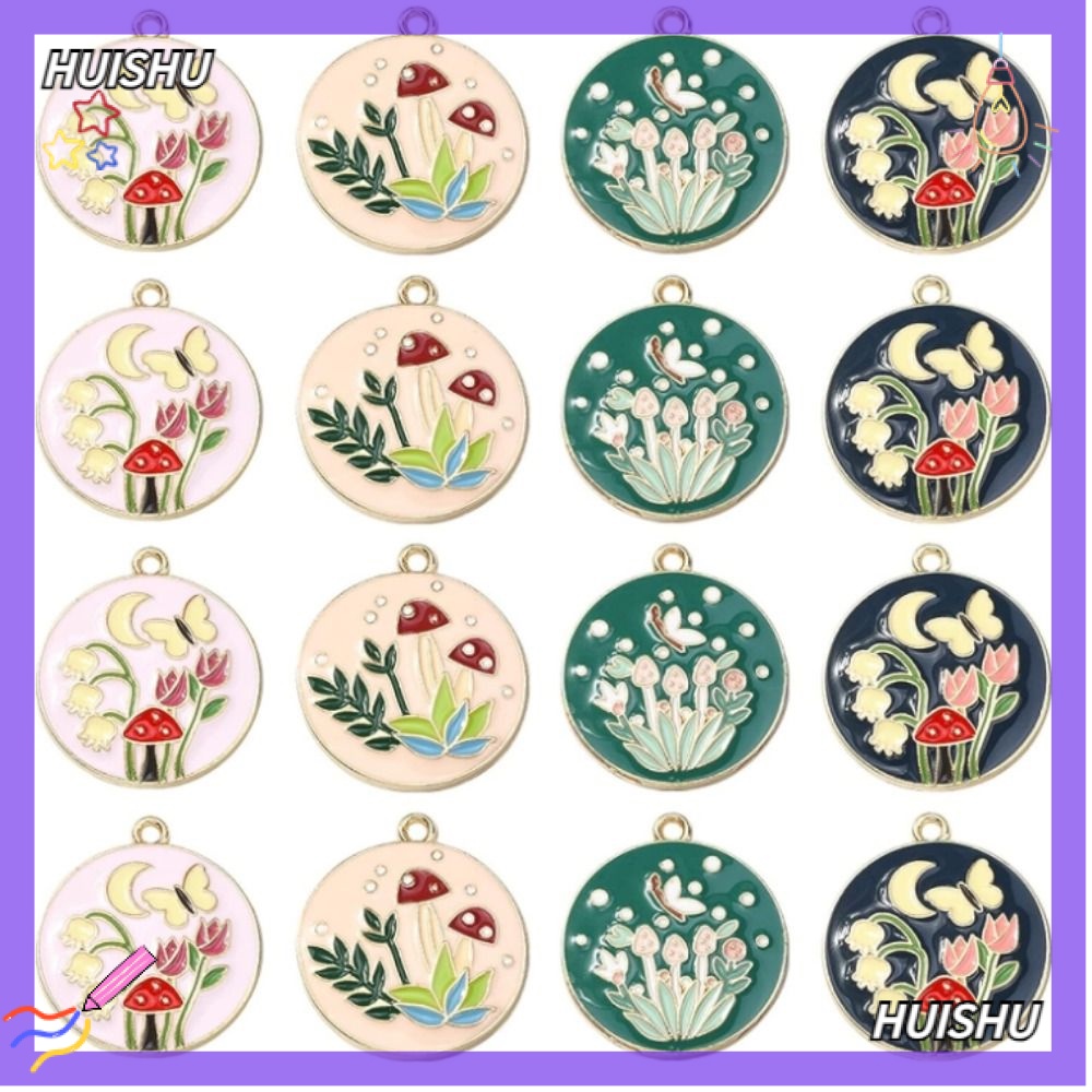 Hs men cây nấm bùa hoa, màu hỗn hợp hợp hợp kim phẳng vòng tay hoa mùa xuân, bùa bướm tròn 25 * 28mm 4 kiểu cho vòng đeo tay vòng cổ tự làm