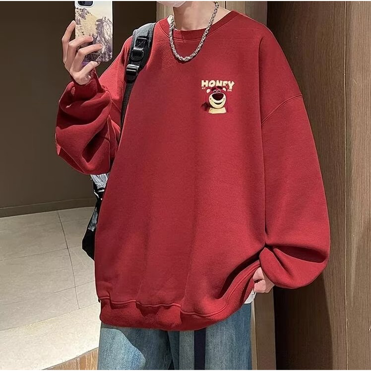 Áo Sweater nam form rộng big size tới 90kg Mỹ sáng tạo phim hoạt hình dâu tây gấu in Unisex Thời Trang Trẻ Trung