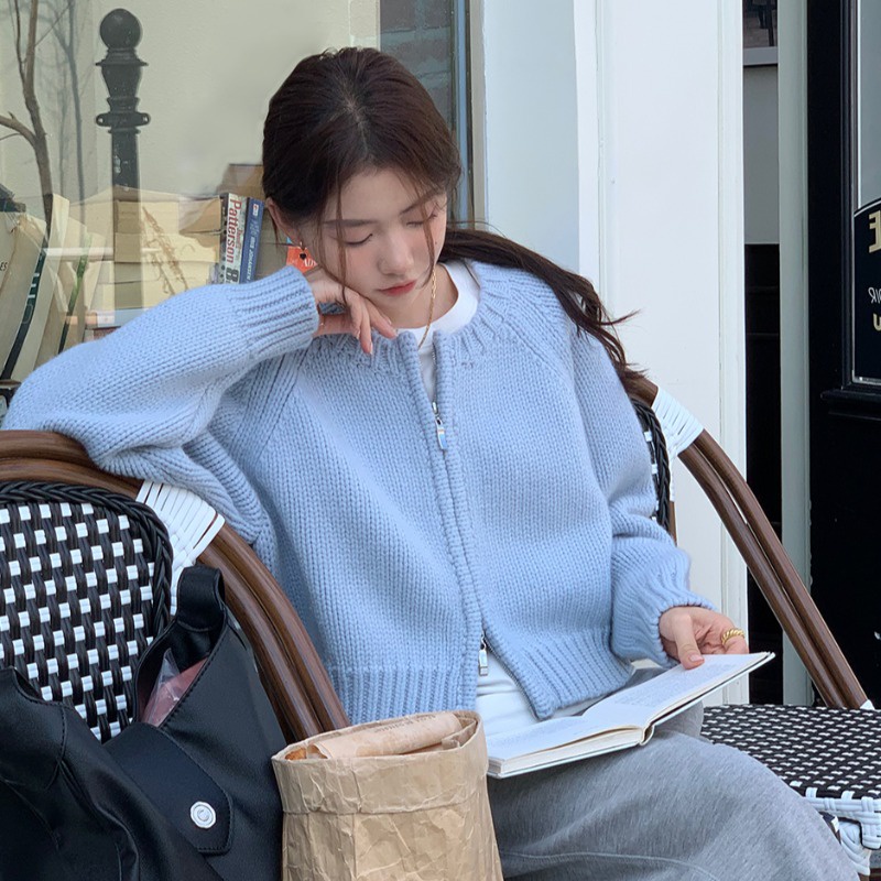 Zipper knitted sweater cardigan outer match women's early autumn short French retro advanced temperament loose coat MC women's TO7P