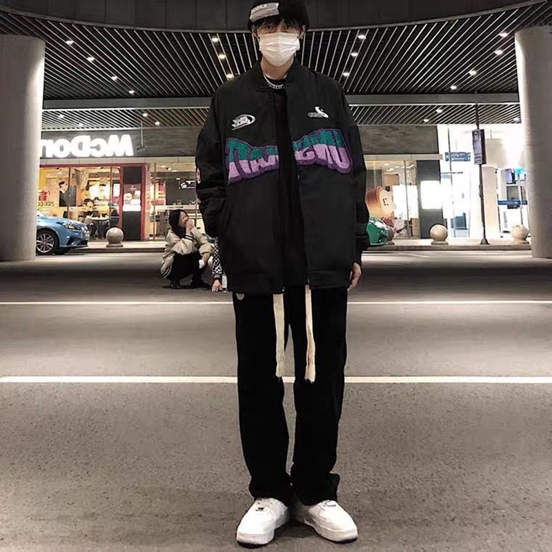 Áo khoác VUNC tay dài dáng rộng có nón họa tiết chữ thời trang phong cách hip hop