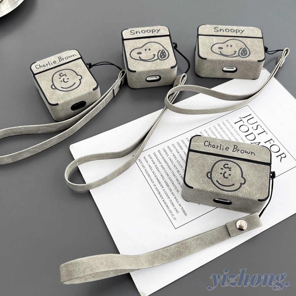Đối với airpods pro 2 3 1 hộp đựng tai nghe dễ thương snoopy charlie print couple mẫu da pu mềm tpu square earbuds cover với anti-lost wrist strap tai nghe không dây vỏ bảo vệ