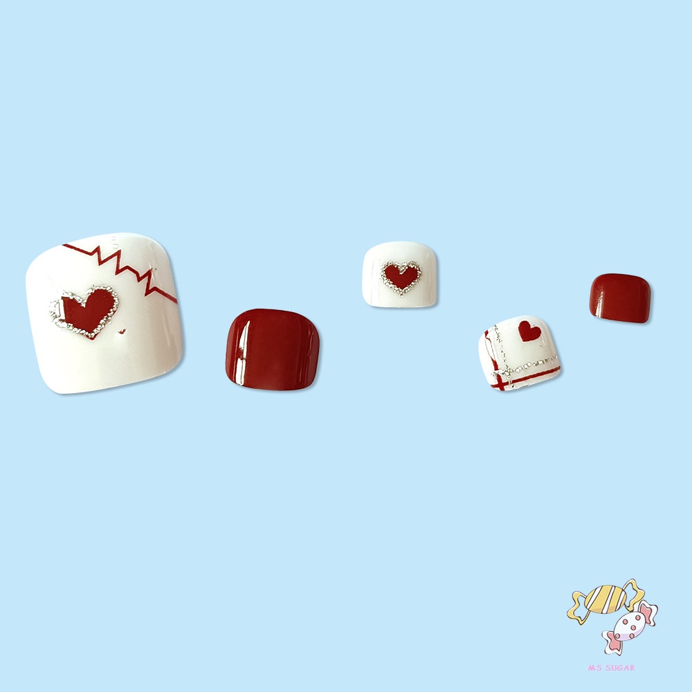 YADORNOS Nhấn vào móng chân màu đỏ trái tim giả móng tay giả móng chân giả thời trang móng chân nhân tạo