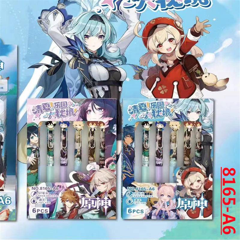 6 cái / gói hợp kim kim loại trò chơi genshin impact cartoon 0.5mm mực đen bút gel wanderer tartaglia barbatos kaveh zhongli kaedehara kazuha bút ký quà tặng ngày trẻ em