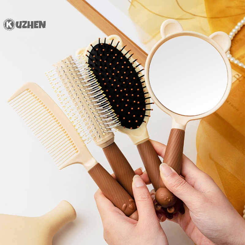 Lược chải tóc/ Gương trang điểm KUZHEN cầm tay thiết kế gấu dễ thương gỡ tóc thắt nút massage đầu không rối