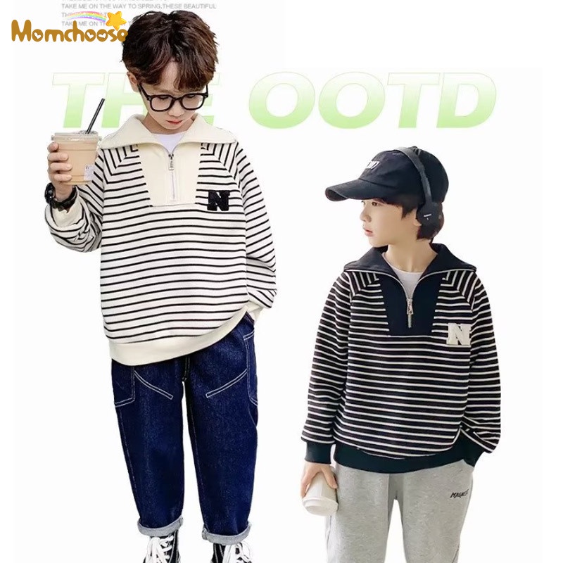 Momchoose phiên bản hàn quốc của thời trang boy's áo len sọc ve áo giữa và big boy đẹp trai chiên đường phố mùa thu xu hướng hàng đầu