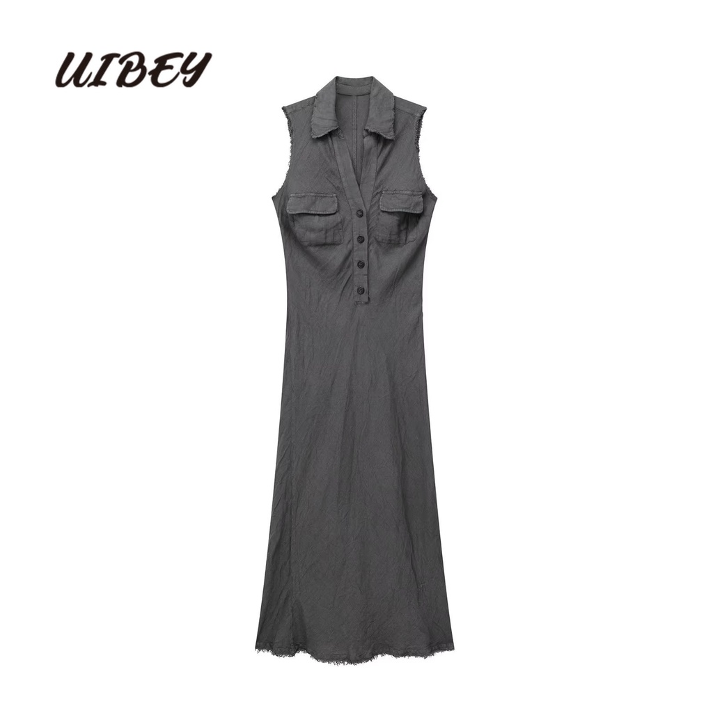 Uibey veel collar v-cổ không tay váy viền thô 8928