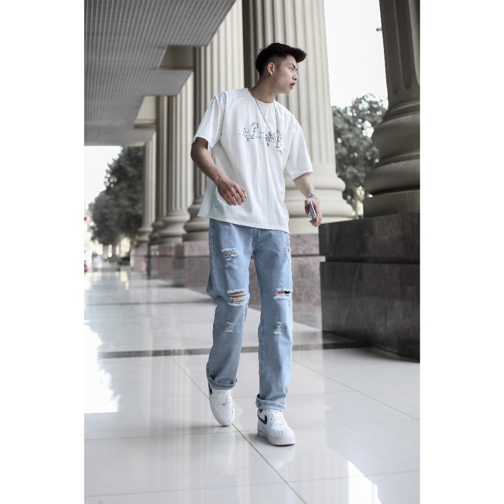 Quần jean rách nam nữ unisex dáng baggy phom rộng  màu xanh nhạt chuyensiluxury hà nội hcm