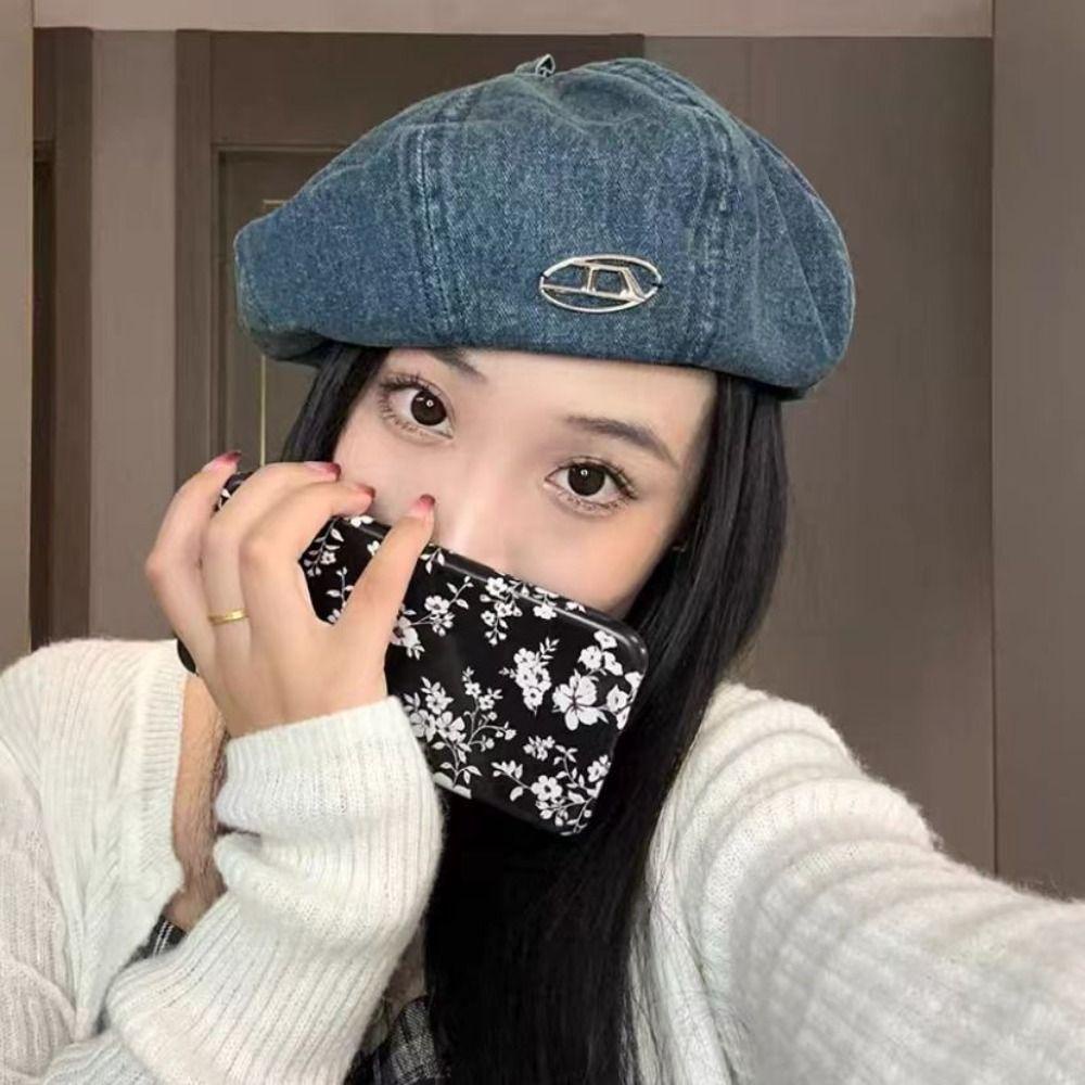 Mũ beret denim In Chữ Phong Cách harajuku Hàn Quốc Cá Tính Cho Nữ