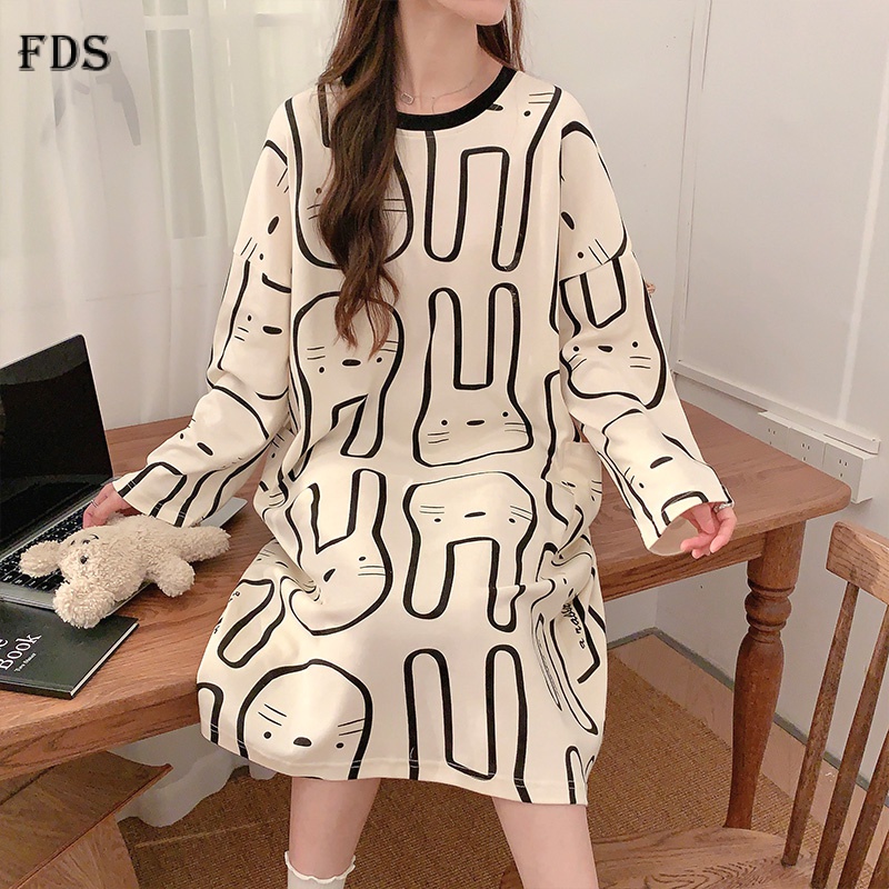 Đầm ngủ mặc nhà FDS tay dài mềm mại thoải mái họa tiết thỏ dễ thương thời trang thu đông ngọt ngào cho nữ