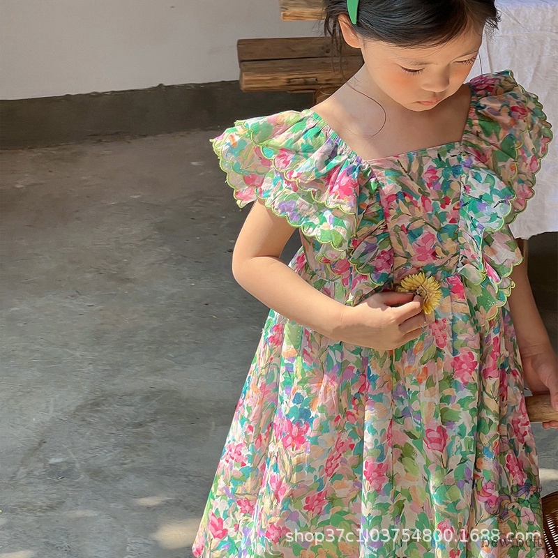 Trẻ em hàn quốc cô gái rung tay áo hoa ren ruffle váy hoa