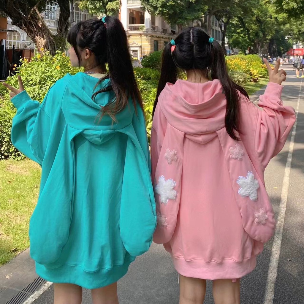 Áo khoác tai thỏ áo khoác có mũ trùm đầu phụ nữ tai thỏ lớn áo khoác có mũ trùm đầu phụ nữ phong cách nhật bản dễ thương mùa thu phong cách mới hai chiều cô gái ngọt ngào áo khoác cardigan lỏng lẻo áo khoác cô gái hàng đầu