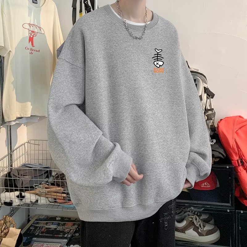 Áo sweater Nam Tay Dài Dáng Rộng Cổ Tròn In Hình Xương Cá Phong Cách Hàn Quốc Thời Trang Mùa Thu
