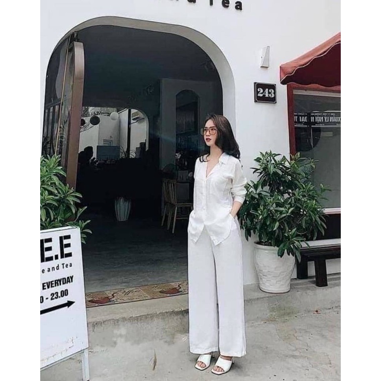 Set áo sơ mi quần ống rộng bộ đũi trắng MIX đồ đi chơi cực sang chất vải đũi mặc vừa nhẹ vừa mát-HASCOO  DD