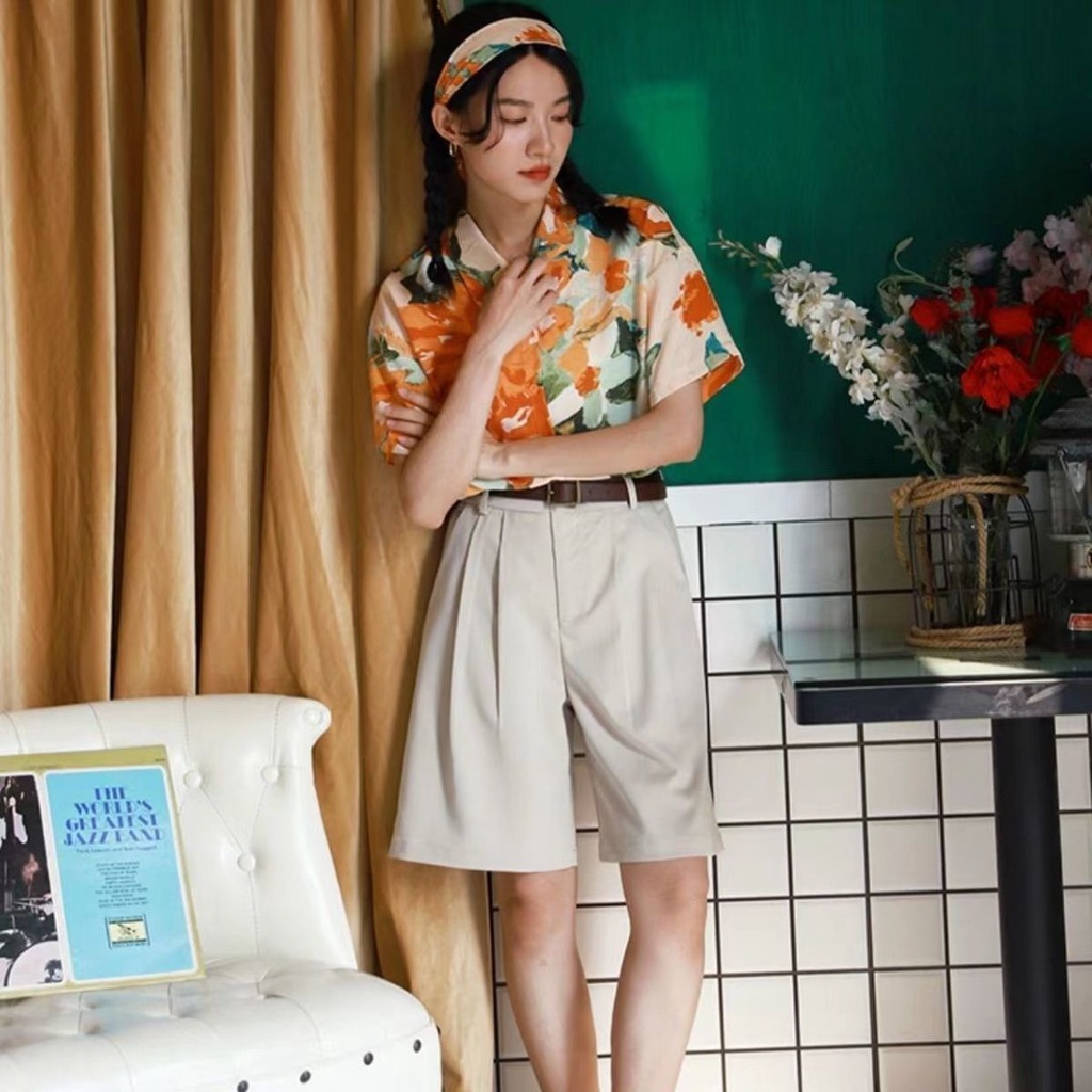 Áo Sơ Mi Chiffon Tay Lửng Nhuộm Họa Tiết Hoa Phong Cách Hàn Quốc Thời Trang Mùa Hè Cho Nữ