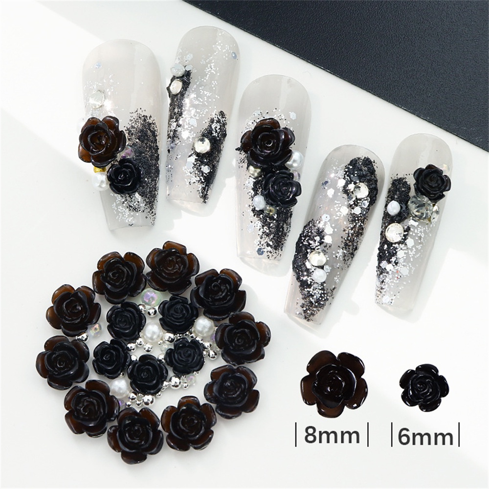 Set 50 Phụ Kiện Trang Trí Móng Tay Hình Hoa Trà Đen Đính Hạt Thép