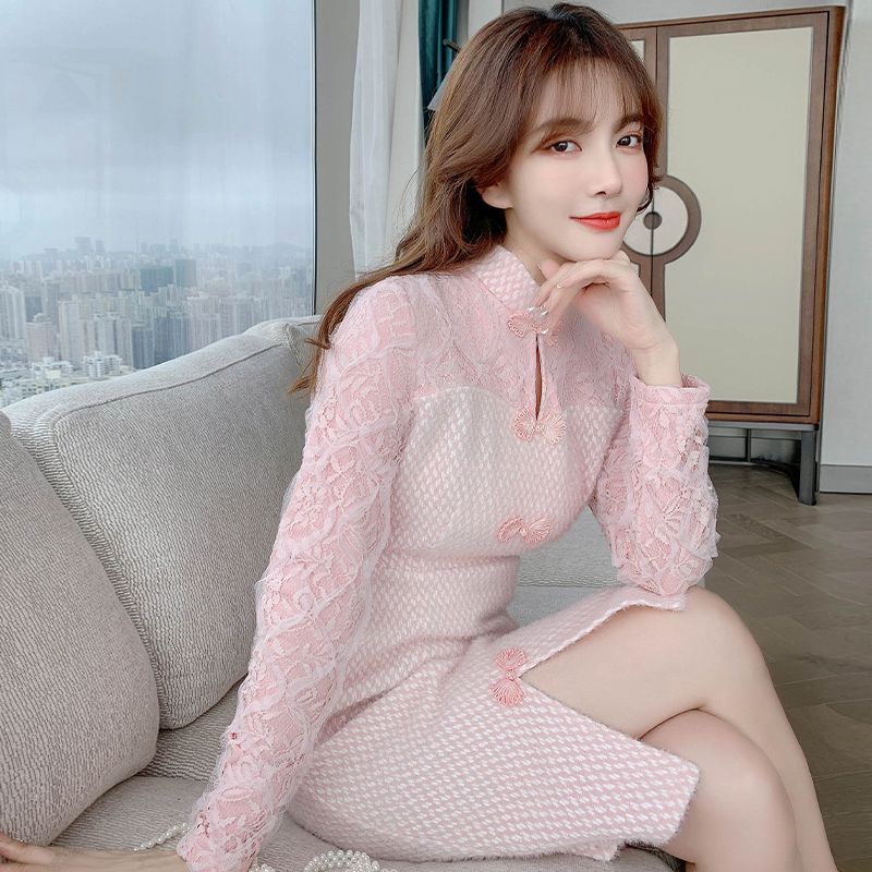Đầm Sườn Xám Cách Tân Dệt Kim Phối Ren Màu Sáng Phong Cách Sang Trọng Cho Nữ