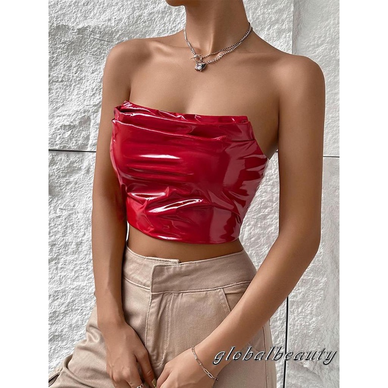 Áo Ống 00GB Bằng Da PU Màu Trơn Không Dây Quấn Ngực Có Khóa Kéo Thời Trang Mùa Hè Cho Nữ