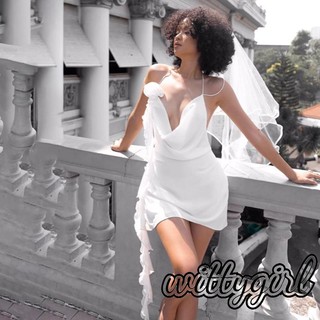 Witty-nữ Mùa Hè Ngắn Skinny Sling Dress Màu Trơn Không Tay Treo Cổ Chữ V Đầm