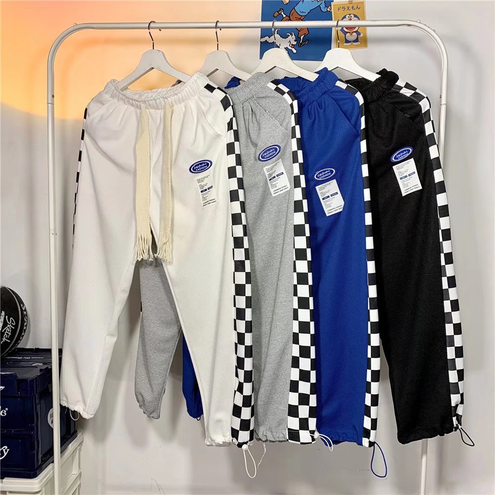 Quần Legging Thể Thao Ống Rộng Họa Tiết Sọc Caro Phong Cách Hong Kong Cho Nam