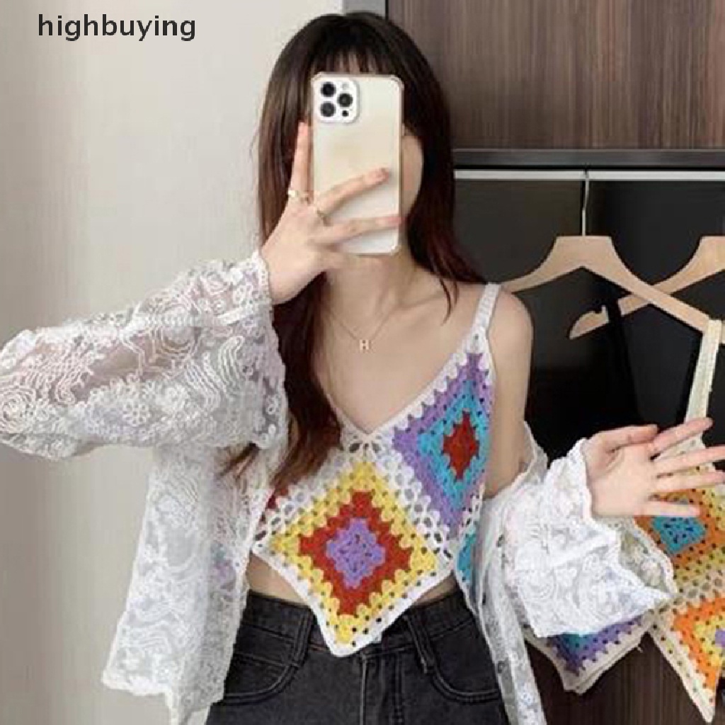 Áo Hai Dây Dệt Kim Cổ Chữ V Thêu Họa Tiết Phong Cách Retro Cho Nữ