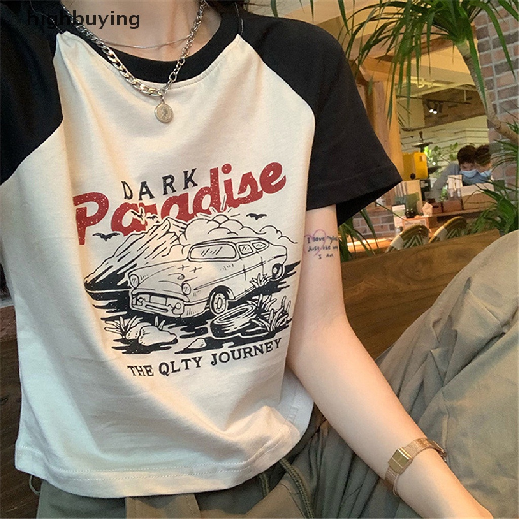 Áo Thun Lửng Ngắn Tay Cổ Tròn In Họa Tiết Phong Cách Retro Mỹ