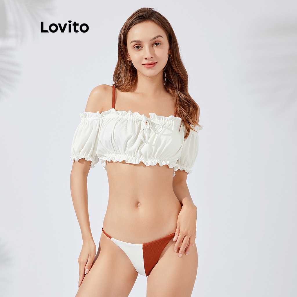 Đồ bikini Lovito ghép nối màu sắc chắp vá xinh xắn viền nhún bèo cột bên L23AD072 (màu trắng)