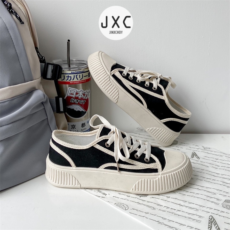 Giày Thể Thao Vải Bạt Mũi Tròn Cột Dây Phối Màu Thời Trang Ulzzang