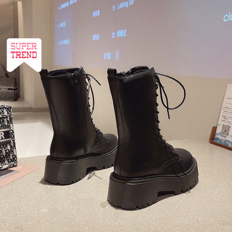 Giày Bốt Martin Mũi Tròn Cột Dây Phía Trước Màu Trơn Phối Khóa Kéo Thoải Mái Phong Cách Retro Thời Trang