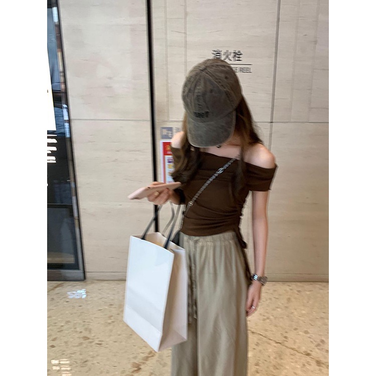 COZOKC Áo Thun Tay Ngắn Trễ Vai Thiết Kế Dây Rút Xếp Ly Xinh Xắn