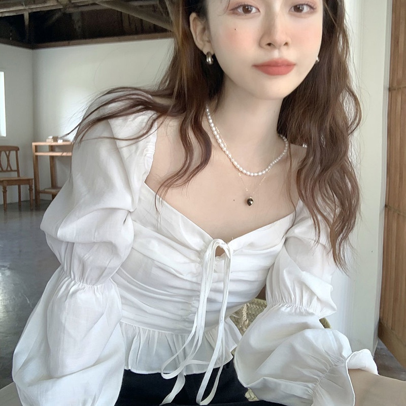 IELGY Áo Croptop Cổ Vuông Tay Phồng Phong Cách Pháp Cổ Điển Thời Trang Cho Nữ