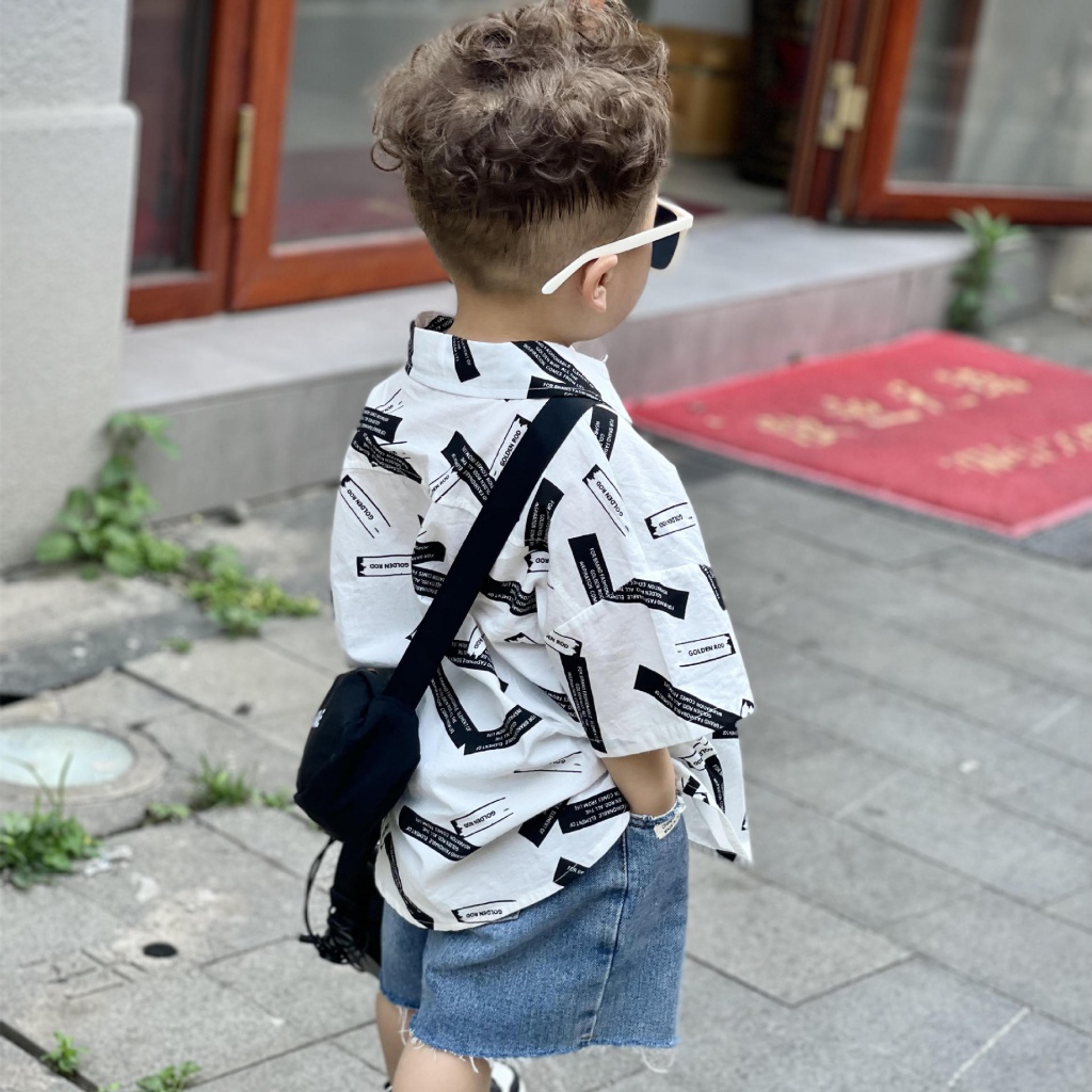 Áo Sơ Mi Hoa Ngắn Tay Dáng Rộng Cho Bé Trai 3-8 Tuổi